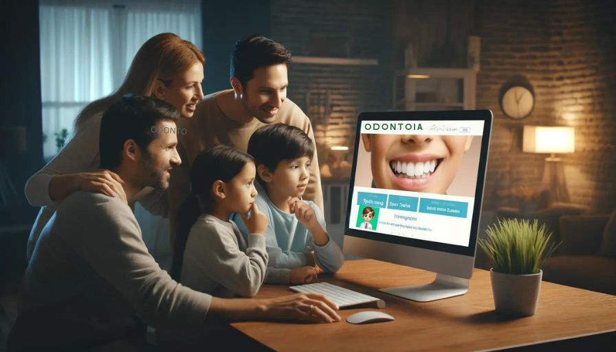 Família reunida pesquisando sobre temas de Odontologia com a ajuda do Odontinho